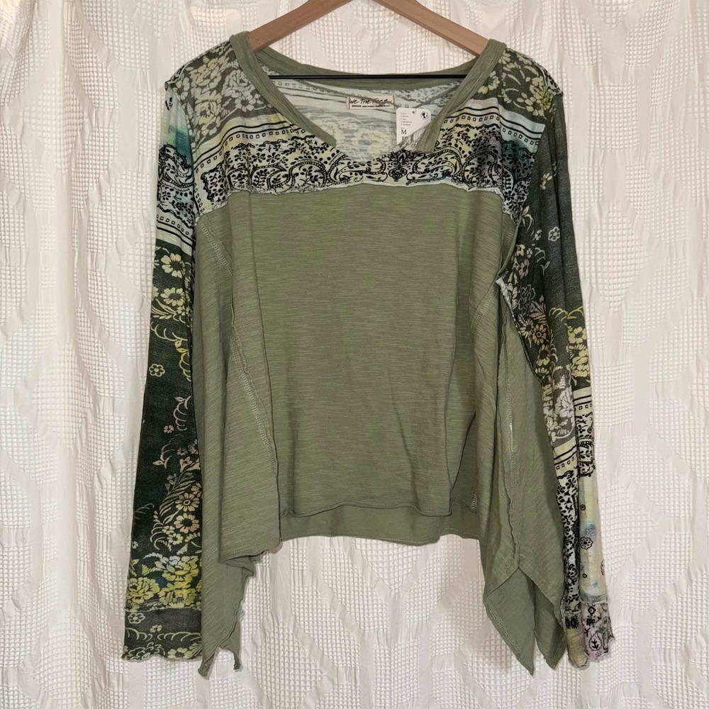 NEW Free People We The Free Mixed Print Top Army Green Boho Floral Earthy Medium